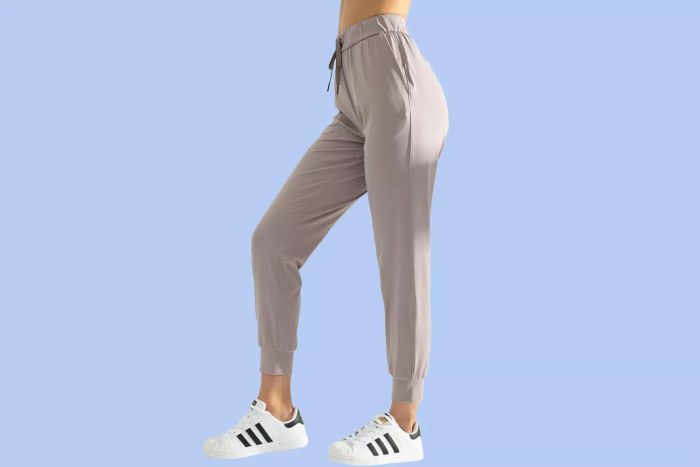 The Ajisai Jogger Pants are showcased on a model against a blue background.
