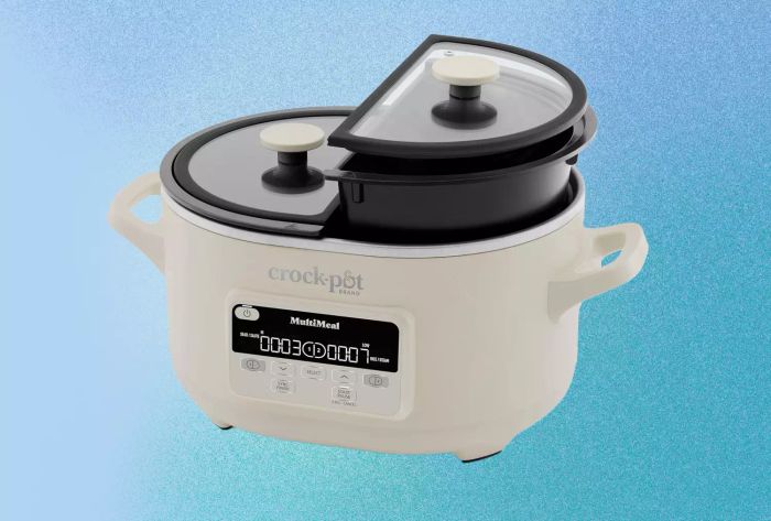 Here’s the Crock-Pot MultiMeal MultiCooker set against a vibrant blue backdrop.