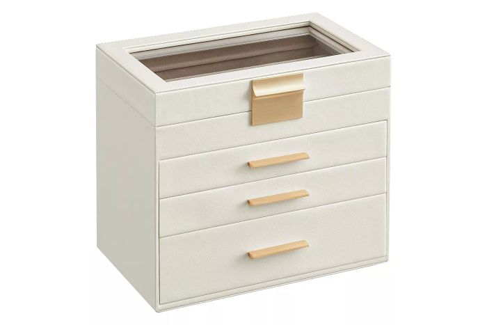 Amazon SONGMICS Jewelry Organizer with Glass Lid, 4-Tier Storage Box, 3 Drawers, Ideal for Sunglasses, Large Jewelry, and General Jewelry Storage, Modern Cloud White and Gold Design UJBC161W01