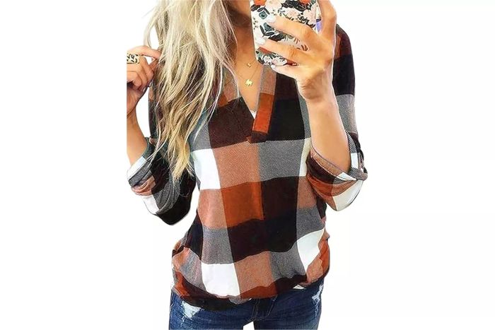 Dokotoo Women's Basic Casual V-Neck Plaid Print