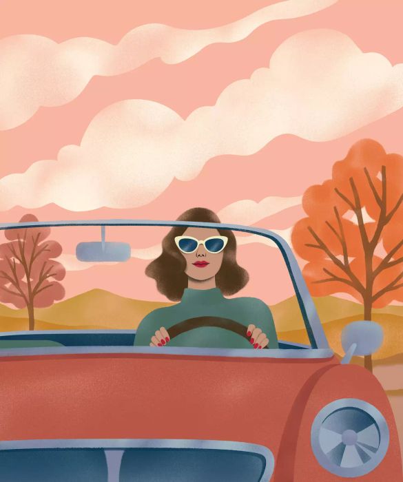 woman driving through autumn scene illustration