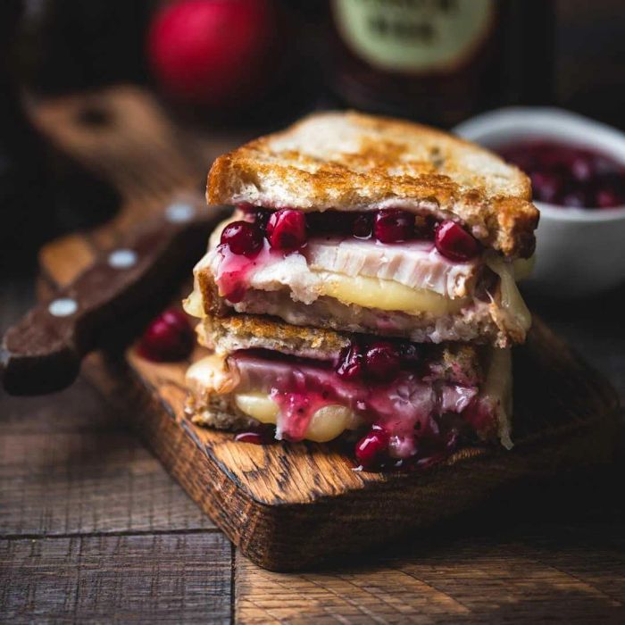 A grilled cheese sandwich with turkey and cranberry sauce