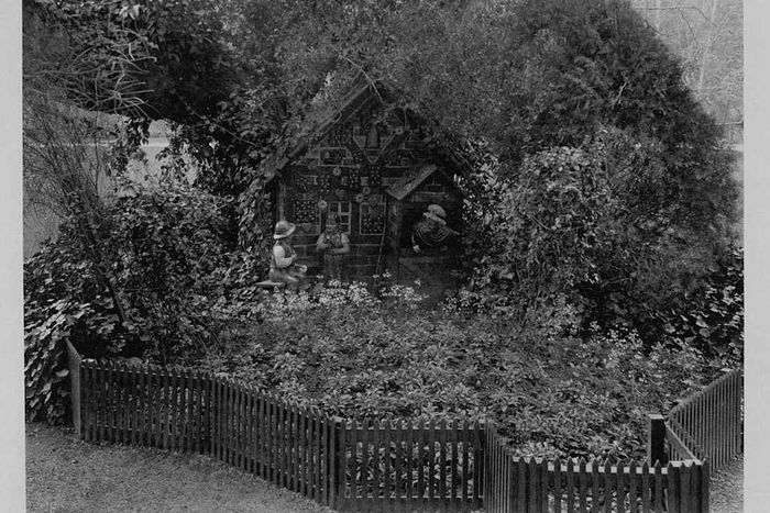 The Gingerbread House and Hansel and Gretel in the Lower Garden of Busch Gardens, circa 1910-1940