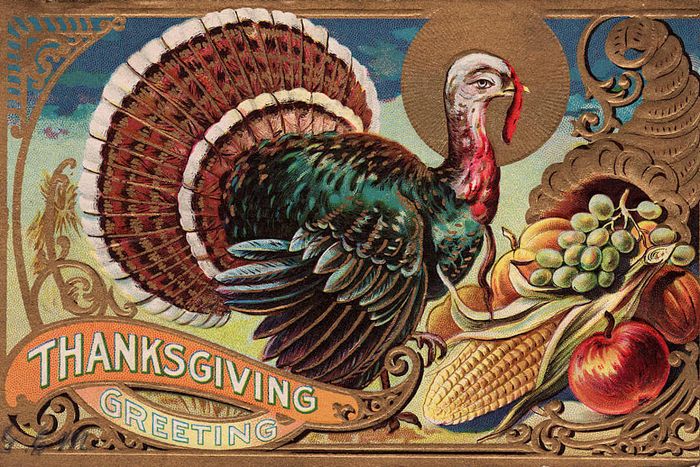 A vintage illustration depicting a turkey alongside a cornucopia, accompanied by the words 'Thanksgiving Greeting'.