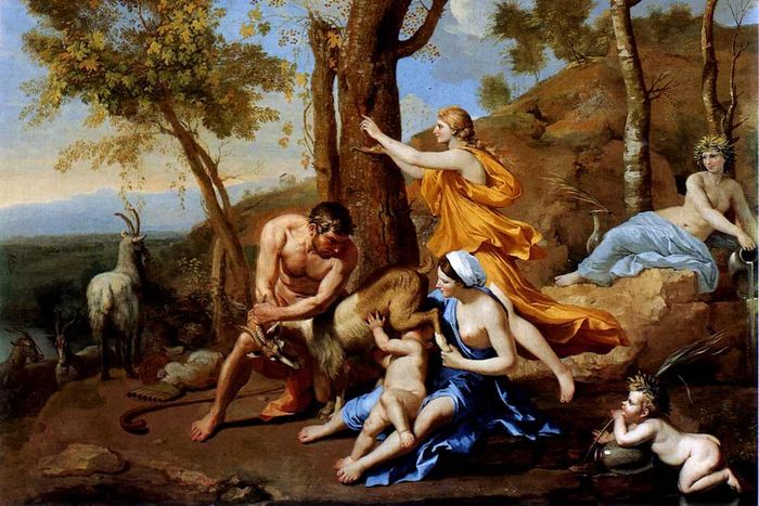 A painting depicting a baby drinking milk from a goat, surrounded by nymphs in a forest.
