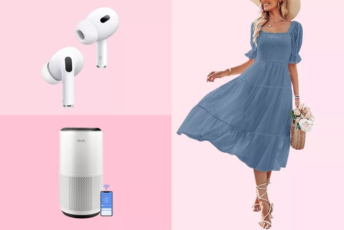 Amazon essentials including AirPods, air purifiers, and stylish flowy dresses