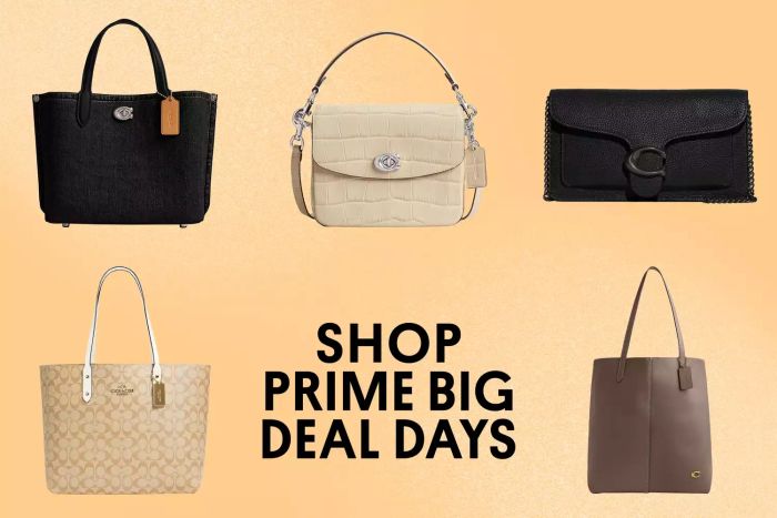 A collection of Coach handbags showcased with Amazon Prime Day deals on a vibrant orange backdrop