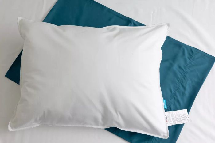 The Slumber Cloud Core Down Alternative Pillow placed on a teal pillowcase