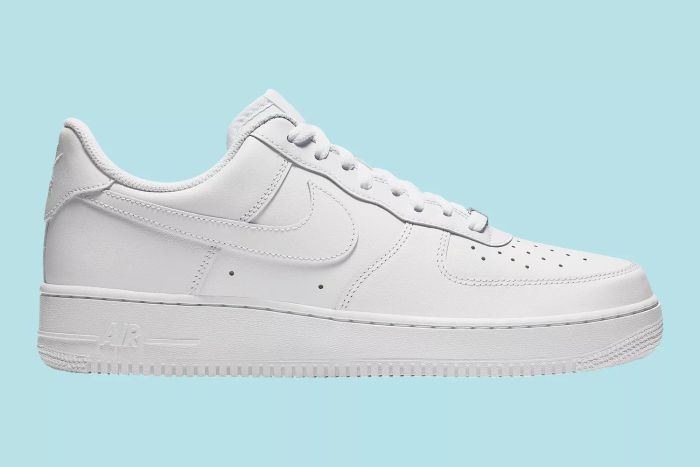 A collage featuring white Nike Air Force 1 ‘07 sneakers set against a light blue backdrop