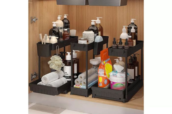 3-Pack Under-Sink Organizers and Storage L-Shaped, 2-Tier Sliding Bathroom Organizers with Hooks and Hanging Cups, Multi-purpose Cabinet Organizers for Kitchen and Bathroom, Black