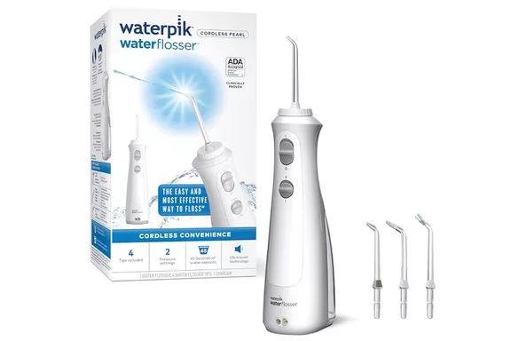 The Waterpik Cordless Pearl Rechargeable Portable Water Flosser is available on Amazon