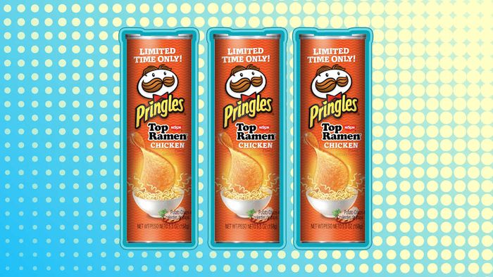 Pringles' Top-Ramen Chicken Flavor chips set against an abstract background.