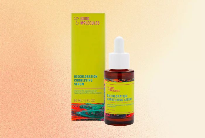 A vibrant collage showcasing a recommended skincare brand against a backdrop of orange and yellow hues