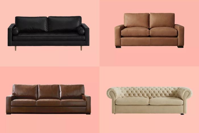 A vibrant display of recommended leather sofas set against a colorful backdrop