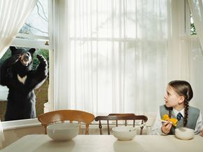 A girl frightened by a bear at her window