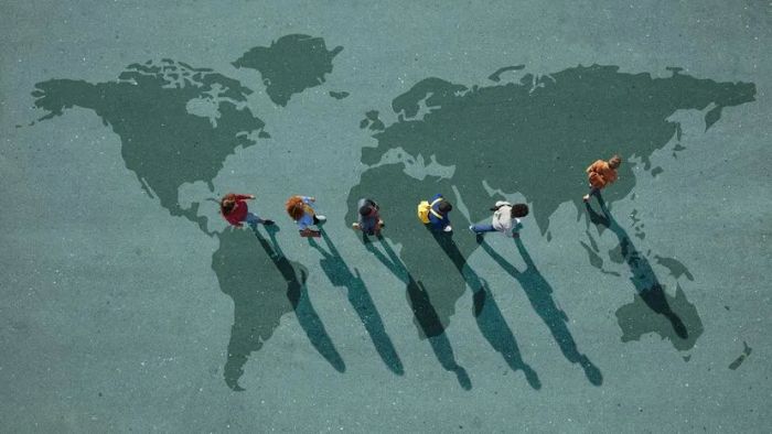 Imagine six individuals walking across a map.