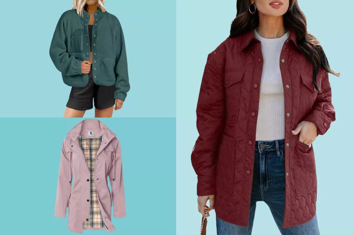 A collage featuring three lightweight Amazon jackets for autumn, set against a blue background