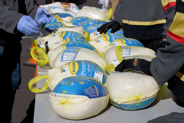Frozen Butterball turkeys displayed on a table
