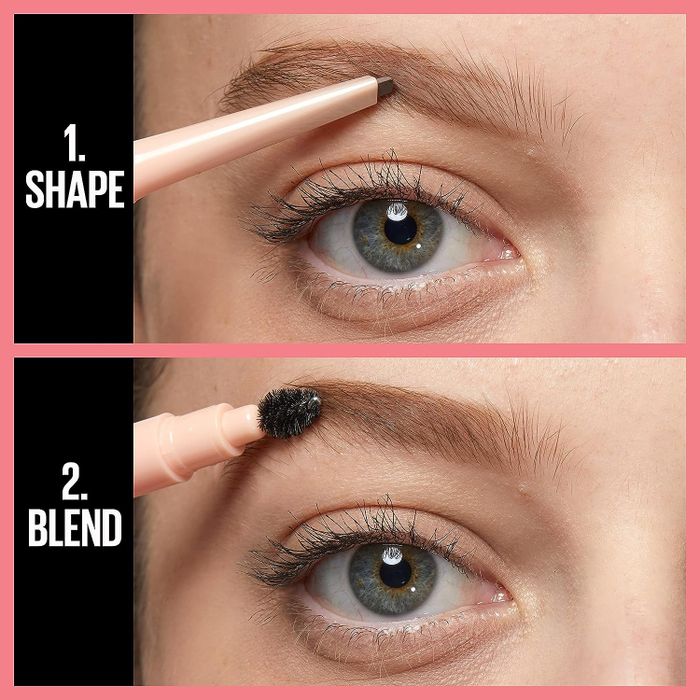 A before-and-after showing a model's eyebrow being shaped with pigment and blended with a brush