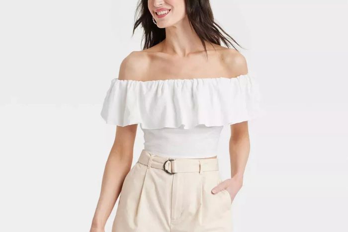 Target A New Day Women's Slim Fit Ruffle Sleeve Off the Shoulder Linen Blouse