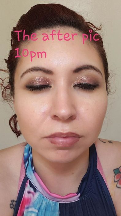 The reviewer's after shot at 10 pm showing makeup still intact and fresh, even after hours of wear