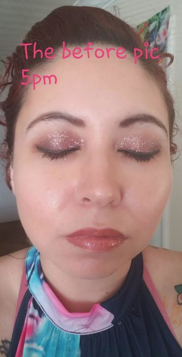 The reviewer's before shot at 5 pm featuring a shimmering, glittery eyeshadow perfect for the night out