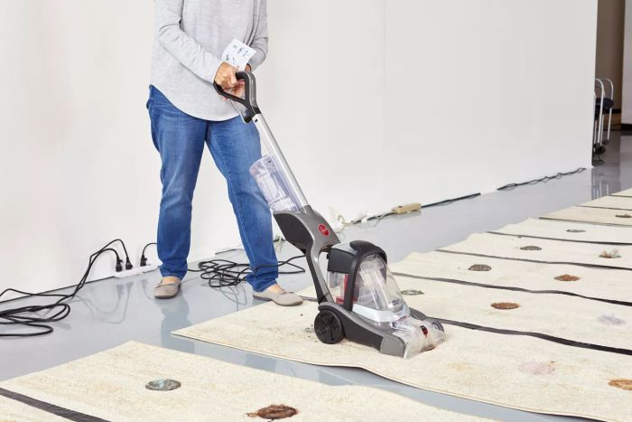 An individual cleaning a stained carpet using the Hoover PowerDash Pet Advanced Carpet Cleaner
