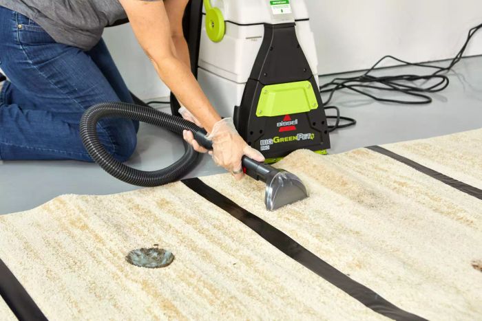 A person using the hose attachment of the Bissell Big Green Pet Pro Carpet Cleaner to clean a carpet.