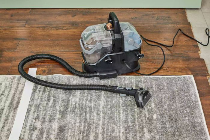 The Bissell Little Green HydroSteam Pet Carpet Cleaner displayed on a freshly cleaned rug.