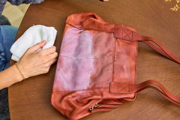 A leather bag prior to treatment with Leather Honey Leather Cleaner