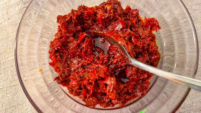 Rose harissa in a glass bowl