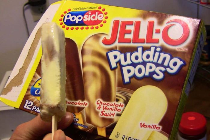 A chocolate and vanilla pudding pop placed outside its box