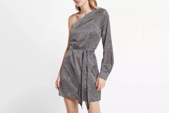 Printed Satin One Shoulder Tie Waist Mini Dress