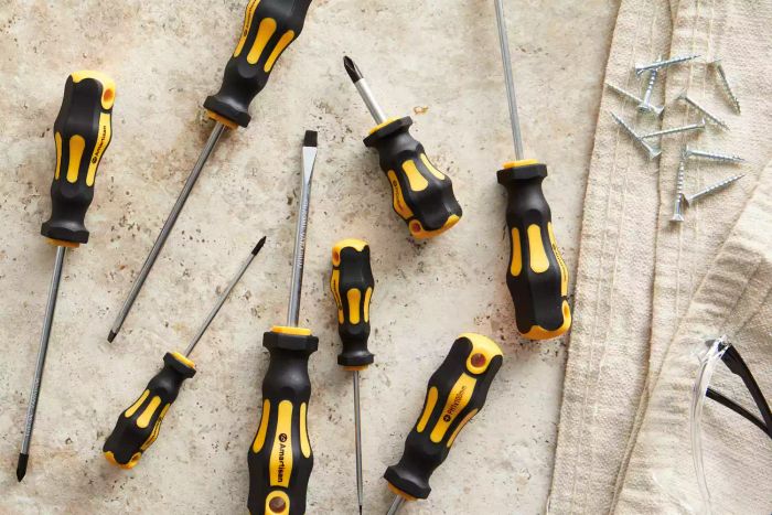 Amartisan 10-Piece Magnetic Screwdriver Set spread out on a beige surface alongside screws