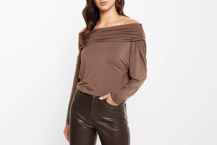 Off-The-Shoulder Dolman Sleeve Ruched Overlay Top