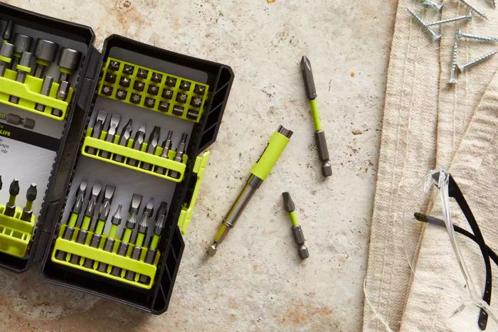 Close-up view of the Ryobi 70-Piece Impact Rated Driving Kit on a white background