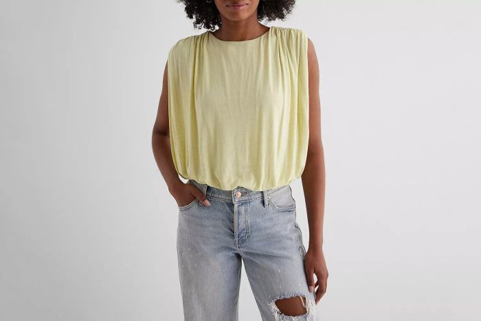 Skimming Linen-Blend Ruched Shoulder Bubble Tank
