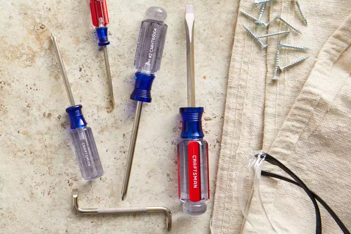 Craftsman 5-Piece Screwdriver Set spread out on a white surface alongside a few screws