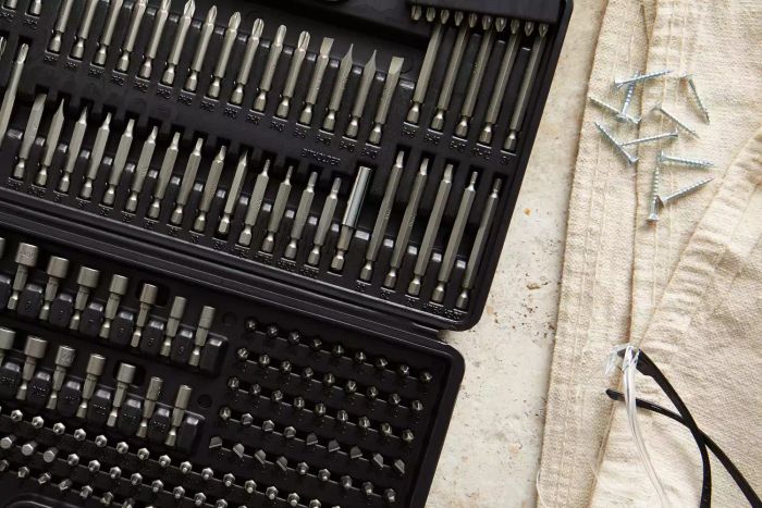 Close-up of the Jackson Palmer 218-Piece Ultimate Screwdriver Bit Set on a white surface