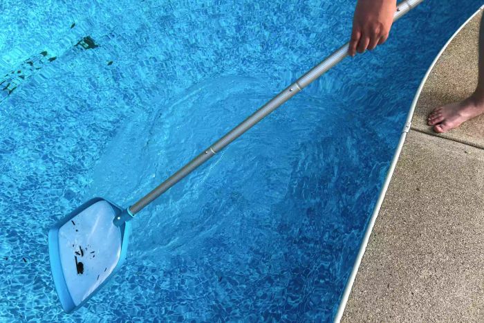 A person gathering debris with the U.S. Pool Supply Professional Swimming Pool 6 Foot Leaf Skimmer Net