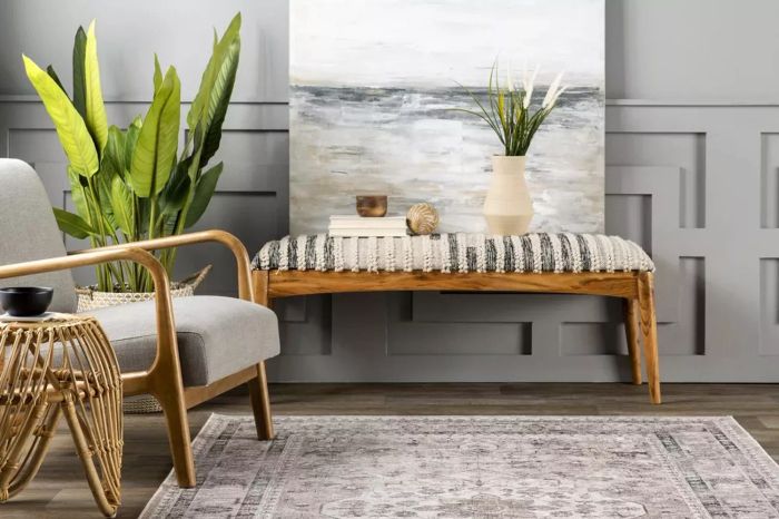 A living room setup featuring Target Home Decor, including a chair, bench, and end table.