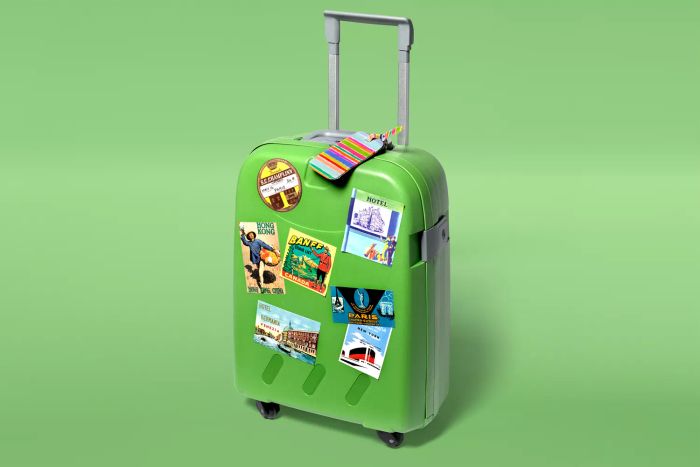 A suitcase adorned with vibrant travel stickers placed on a green background