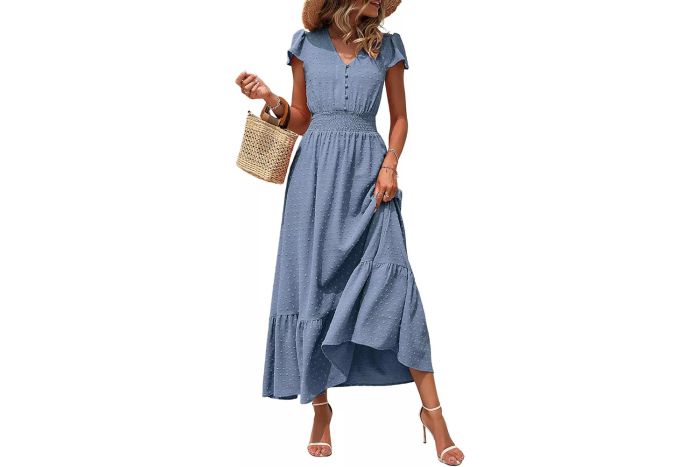 PRETTYGARDEN Boho Short Sleeve V Neck Swiss Dot Ruffle Tiered Maxi Dress