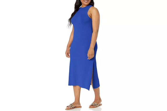 The Drop Gabriela High Neck Cut-in A-line Side-Slit Maxi Sweater Dress