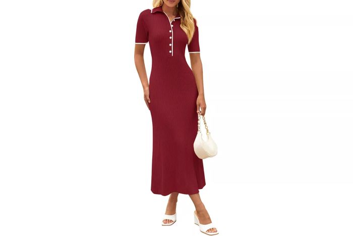 MEROKEETY V Neck Ribbed Knit Maxi Dress