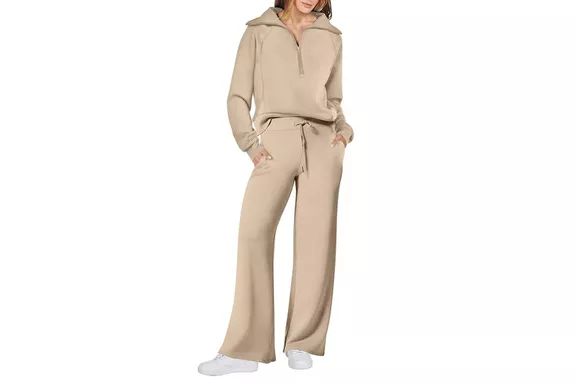 Amazon ANRABESS Women 2 Piece Outfits Sweatsuit Set 2023 Fall Oversized Half Zip Sweatshirt Wide Leg Sweatpant Lounge Set Tracksuit