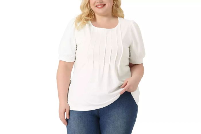 Agnes Orinda Women's Plus Size Puff Short Sleeve Crew Neck Pleated Tunic Blouses