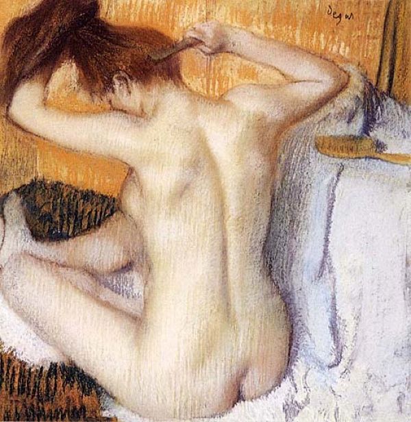 Edgar Degas' artwork depicts a woman meticulously combing her hair.