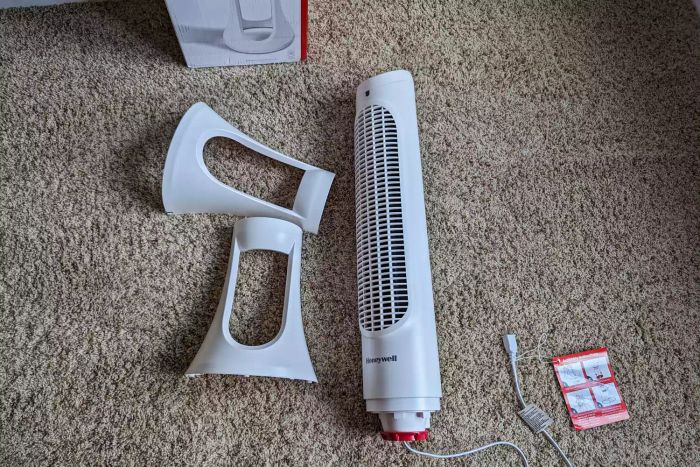 The components of the Honeywell QuietSet Whole Room Tower Fan prior to assembly