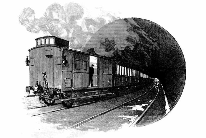 19th century illustration of train going into tunnel
